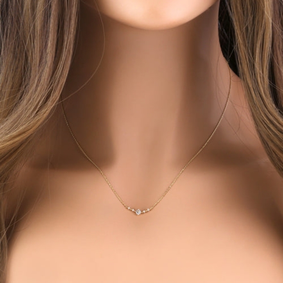 Solid 14K Yellow Gold Trendy V CZ Necklace - Picture 2 of 4